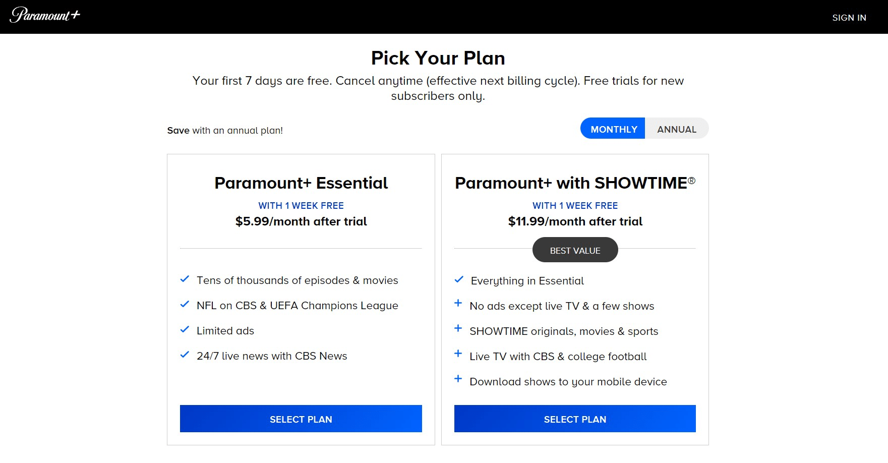 paramount+ pick your plan screen