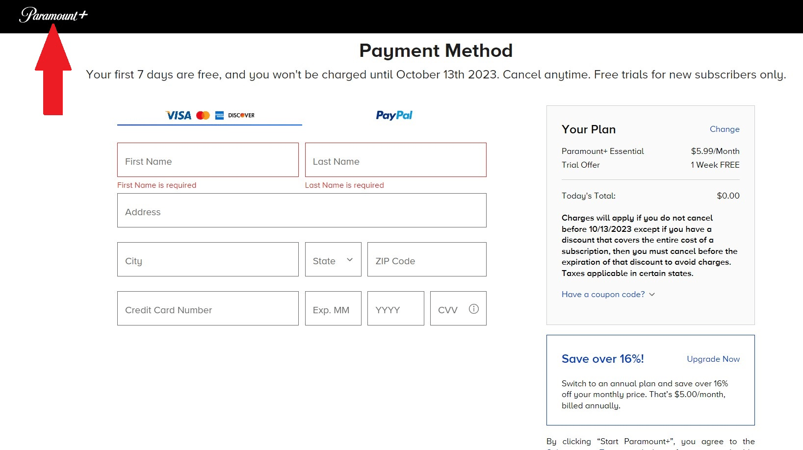 payment method screen paramount+ screen