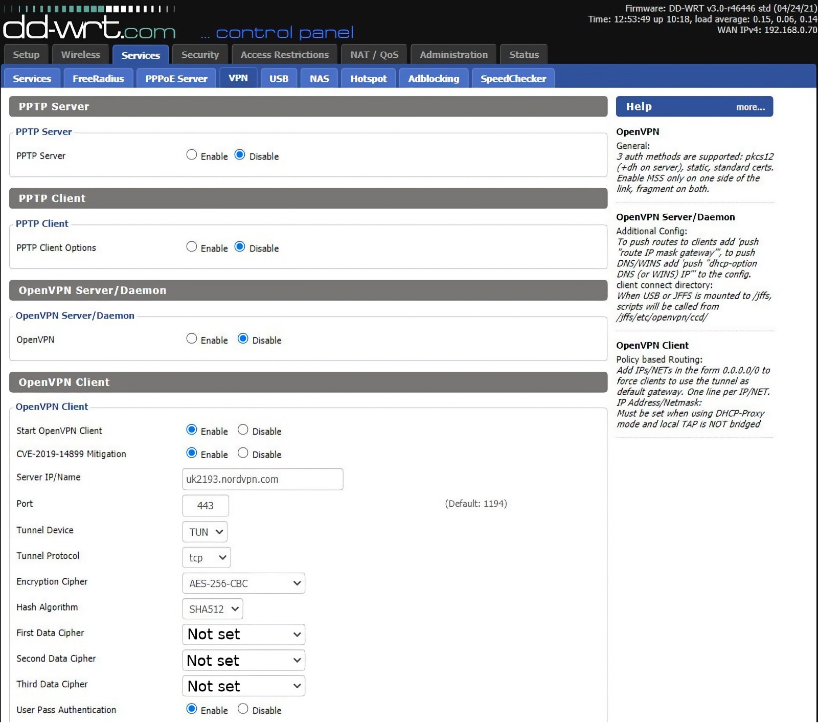 DD-WRT Services VPN Settings for NordVPN