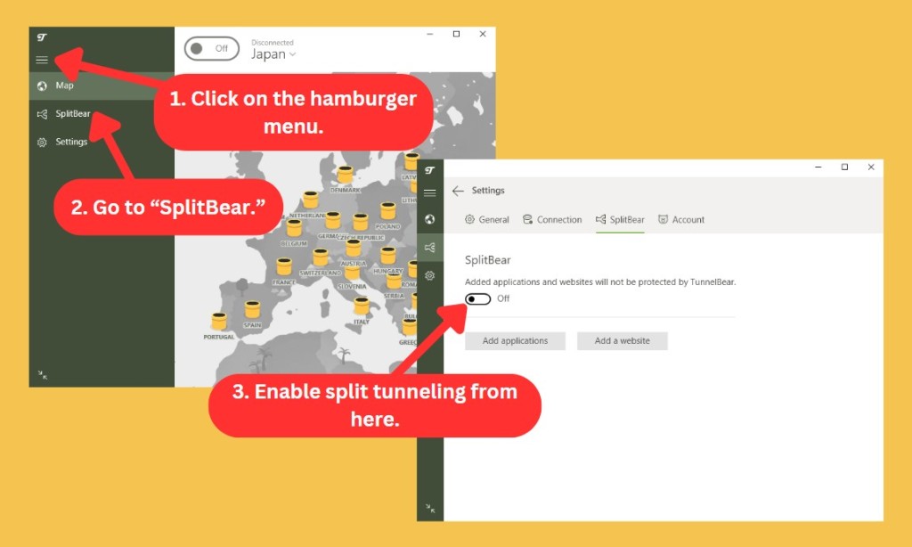 How to enable TunnelBear split tunneling on Windows