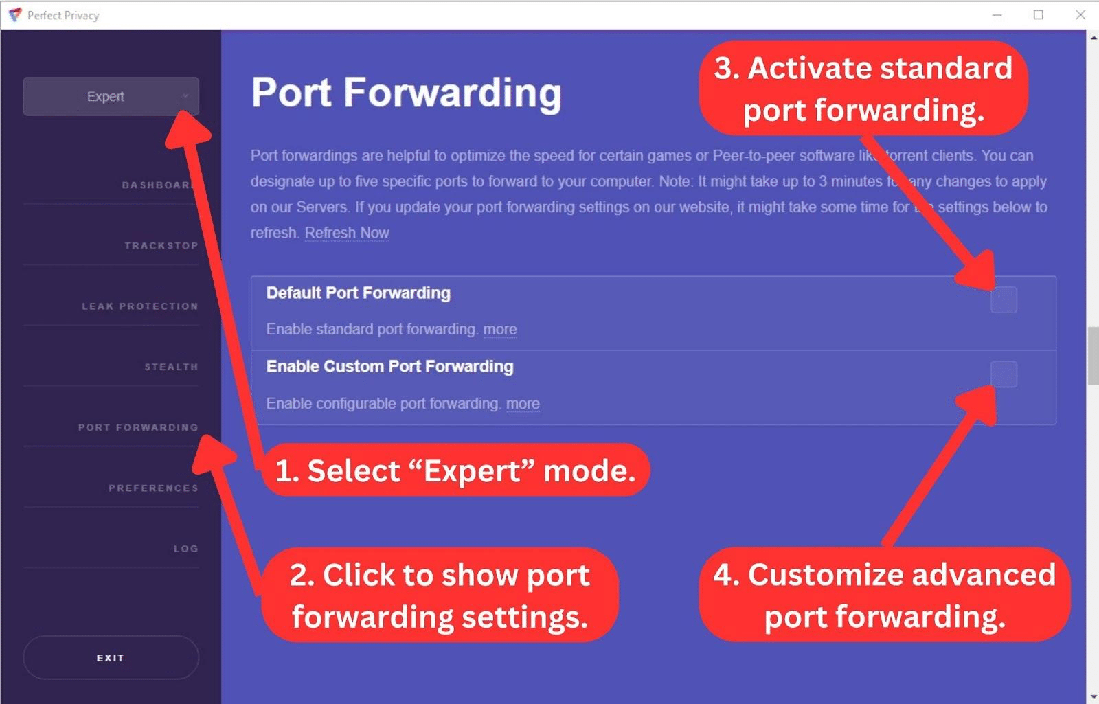 How to enable Perfect Privacy's port forwarding feature on Windows