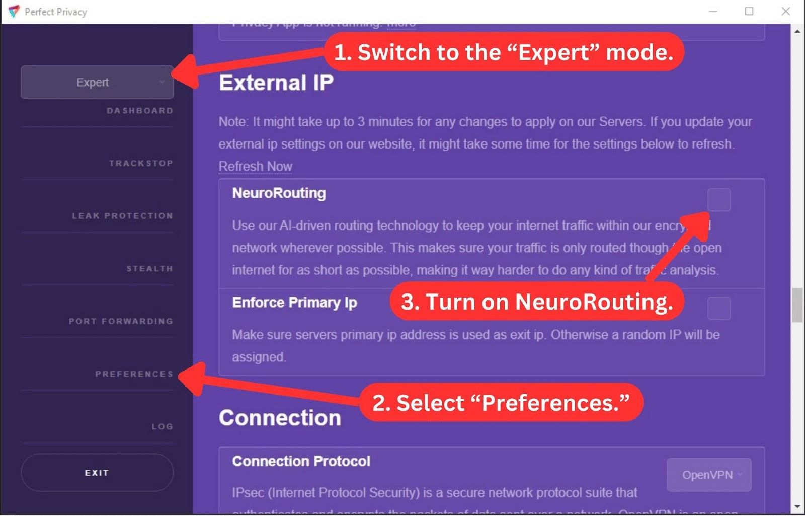 Perfect Privacy Expert mode showing the NeuroRouting feature
