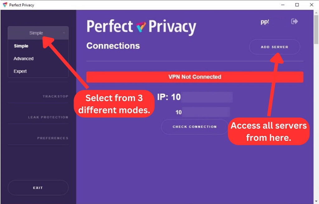 Perfect Privacy Simple mode