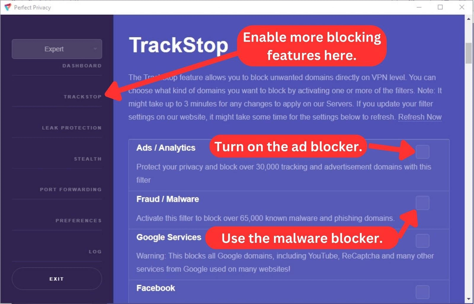 Perfect Privacy TrackStop feature via Expert mode