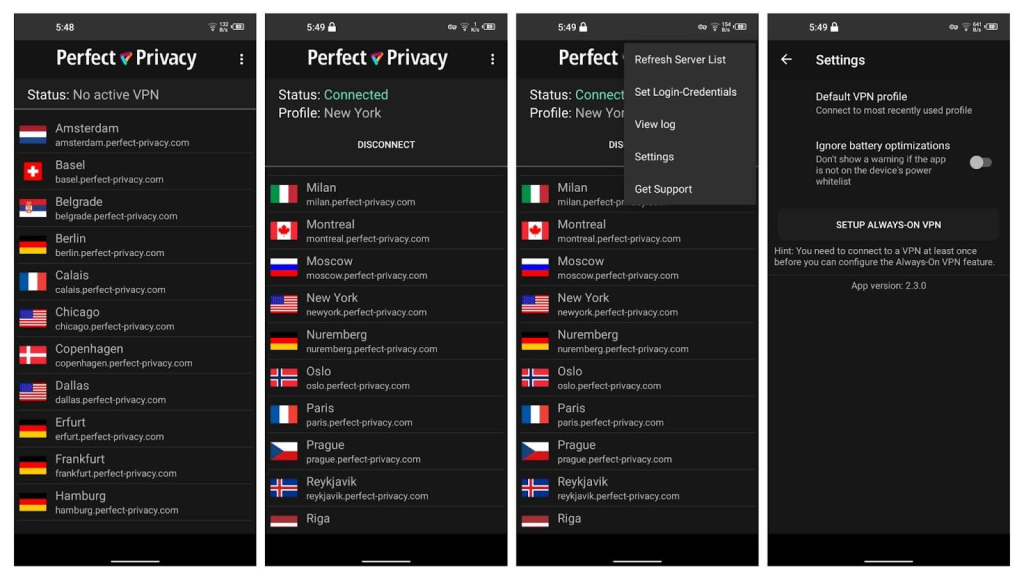 Perfect Privacy VPN interface on Android