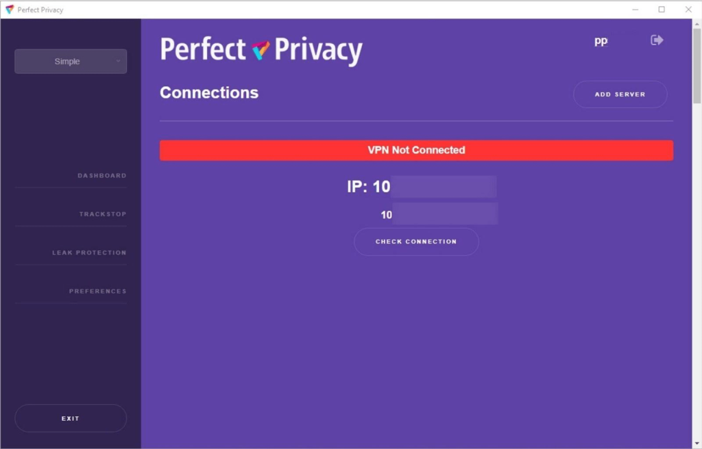 Perfect Privacy VPN's home screen on Windows