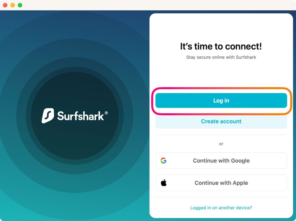 Surfshark Home Login Screen