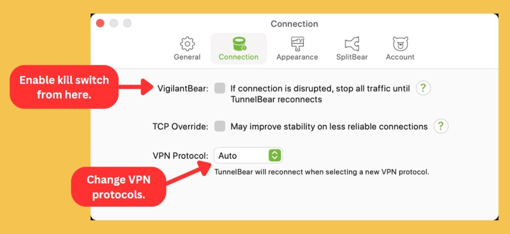 TunnelBear Connection Settings on Mac