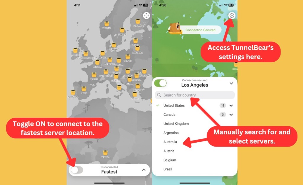 TunnelBear Server Countries and Locations List