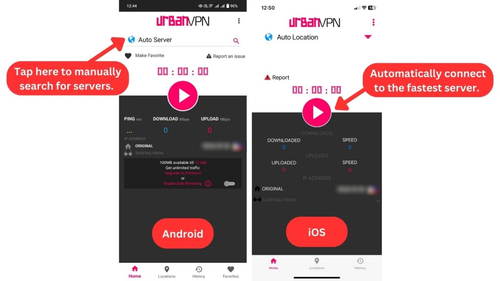 Urban VPN interface on Android and iOS