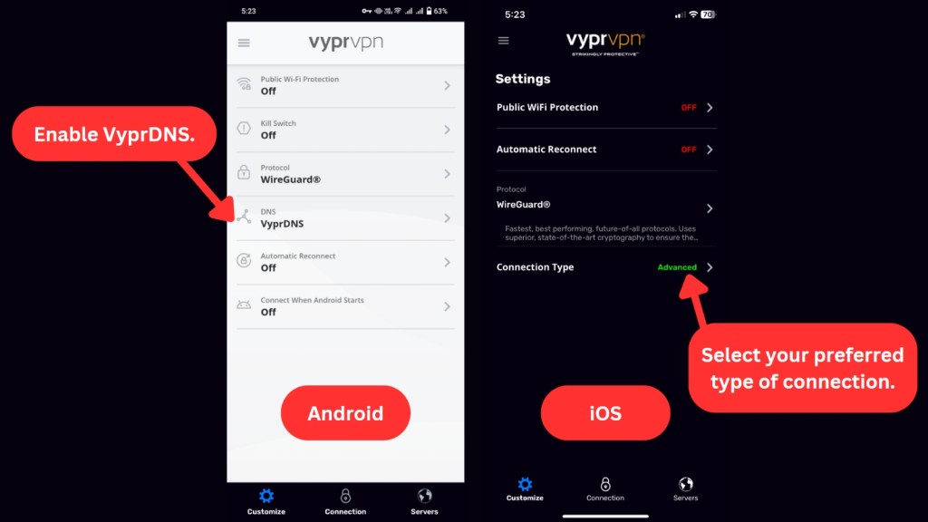 VyprVPN Android and iOS settings