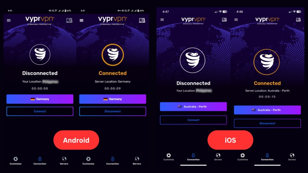 VyprVPN appearance on Android and iPhone devices