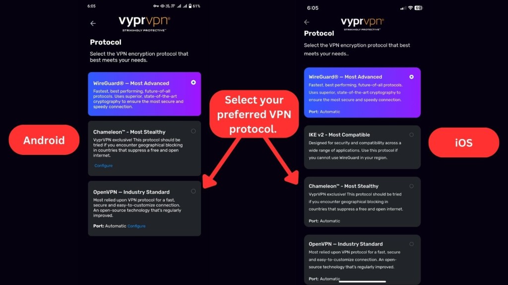 VyprVPN protocols for Android and iOS Devices