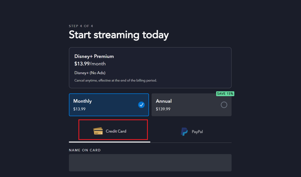 Disney Plus credit card payment page