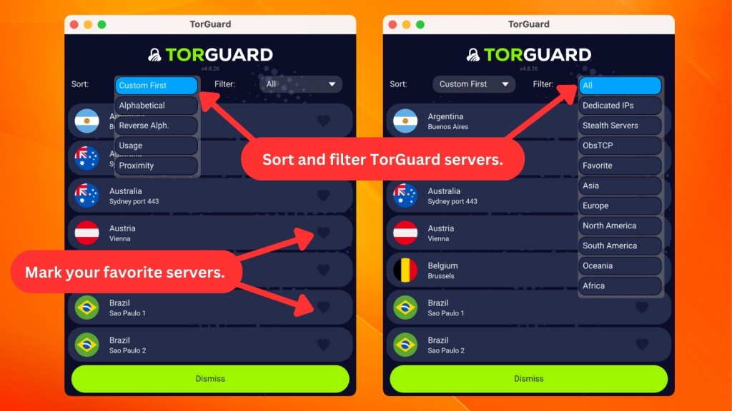 How to sort and filter TorGuard servers
