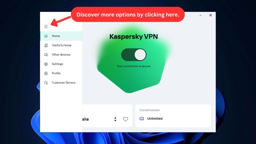 Kaspersky VPN home screen on Windows