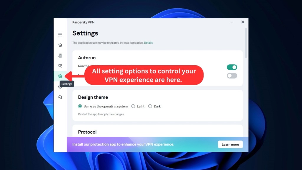Kaspersky VPN settings on Windows
