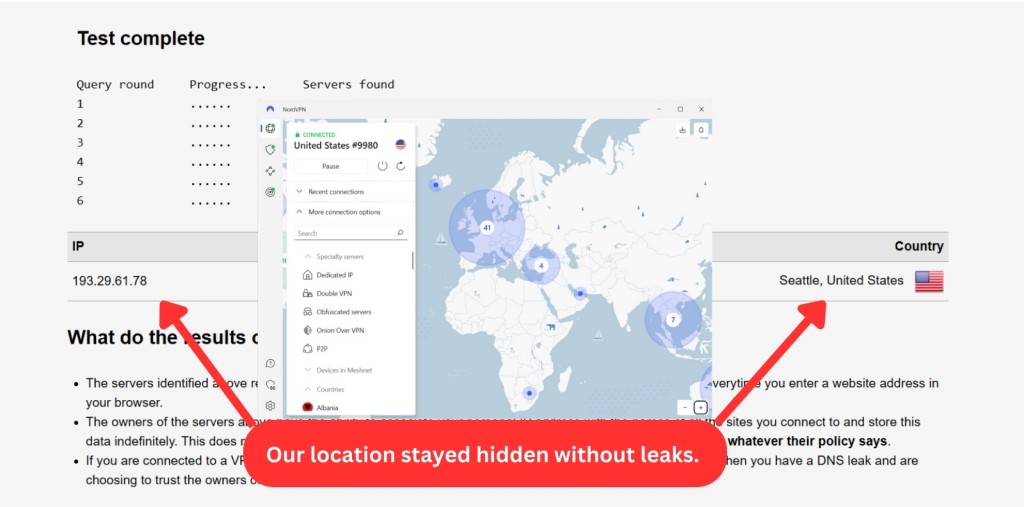 NordVPN DNS leak test result showing no leaks