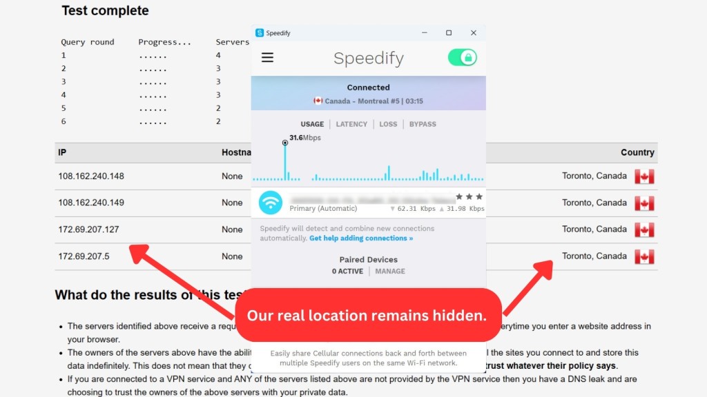 Speedify DNS leak test result