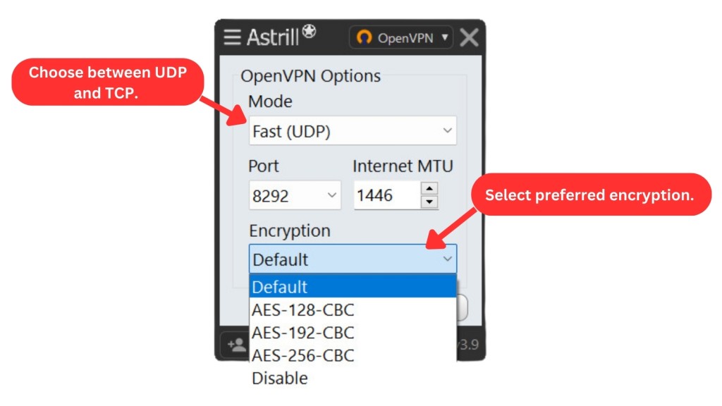 Astrill OpenVPN options on Windows