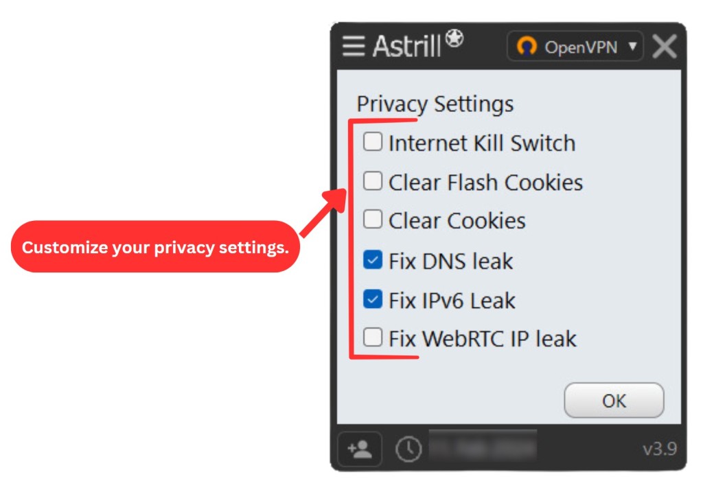 Astrill VPN privacy settings