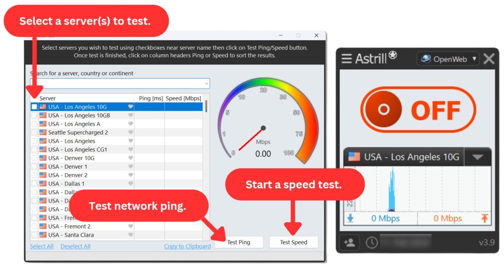 Astrill VPN speed test feature
