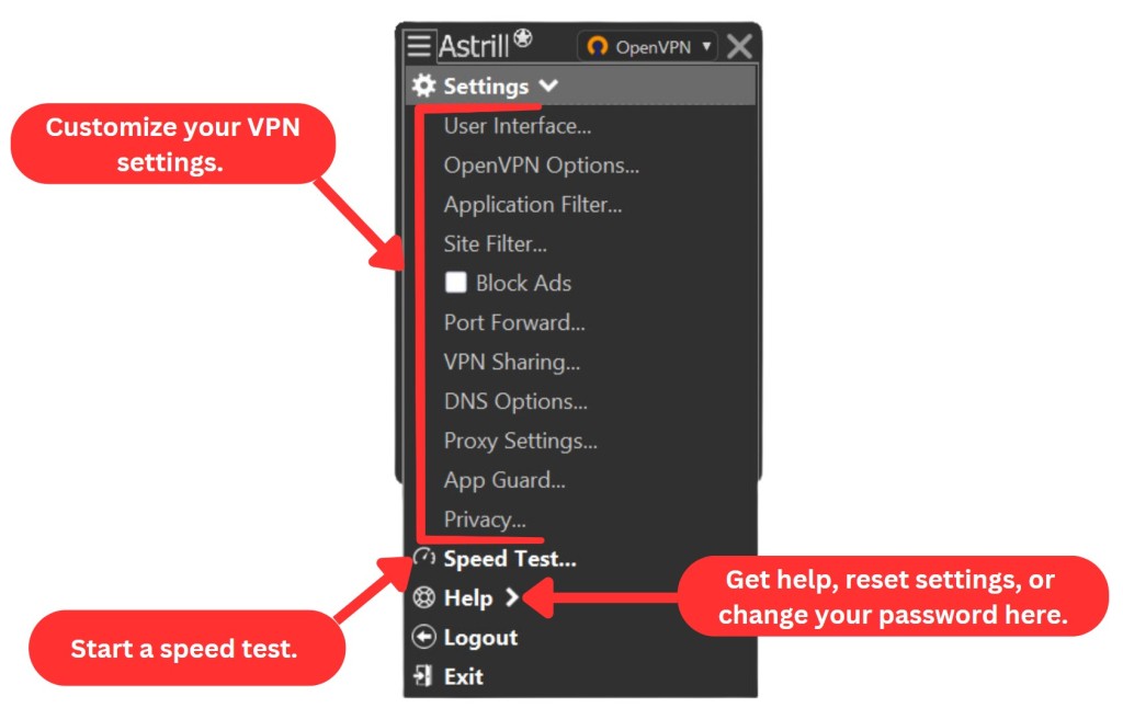 Astrill VPN Windows app settings