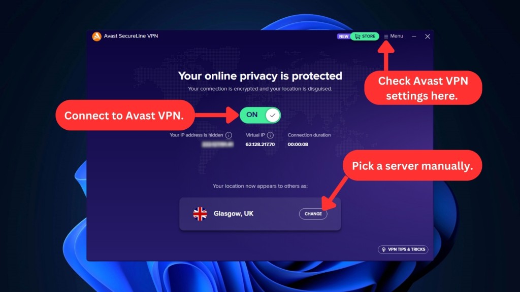 Avast SecureLine VPN Windows UI