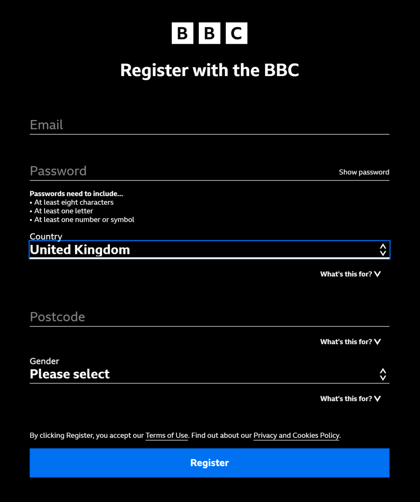 BBC iPlayer account creation