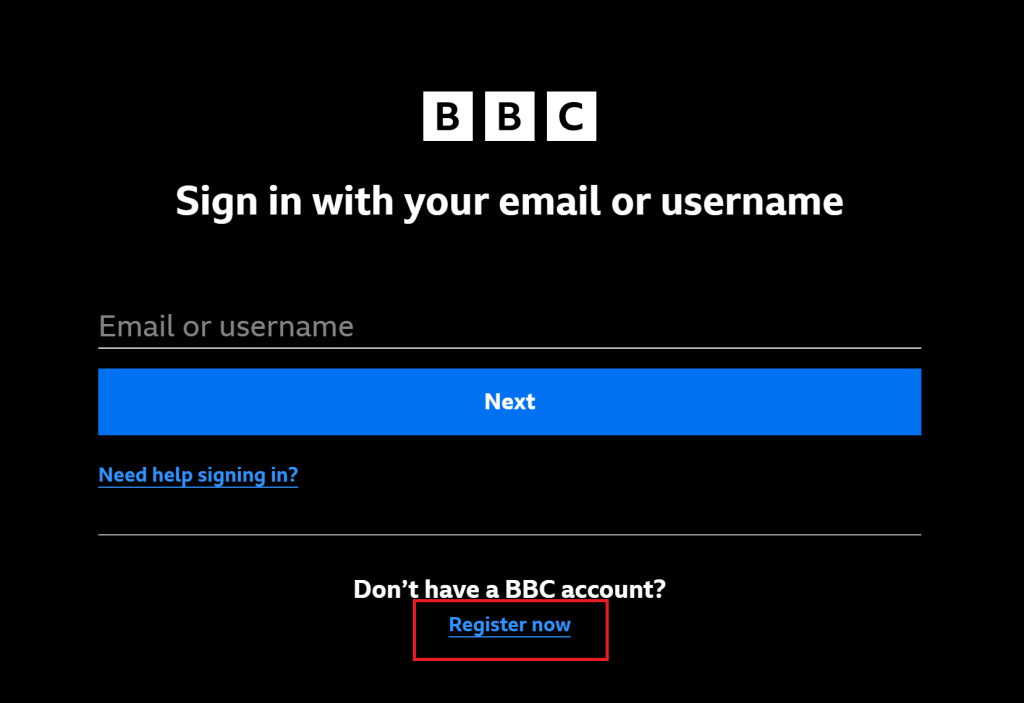 BBC iPlayer login screen