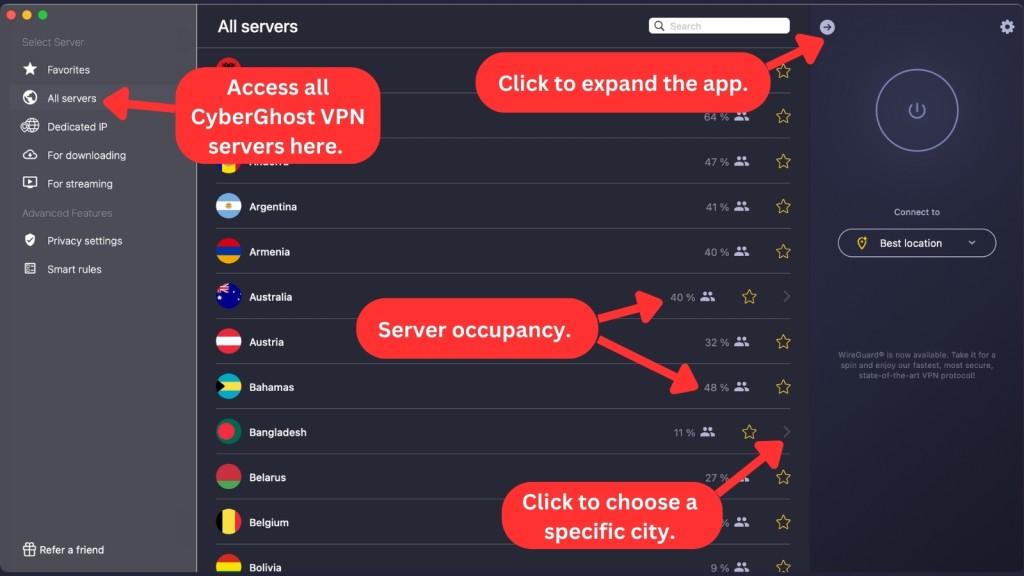 CyberGhost VPN server selection on Mac