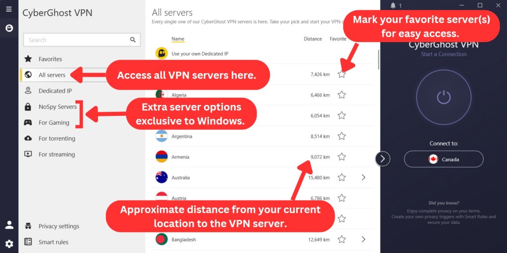 CyberGhost VPN server selection on Windows