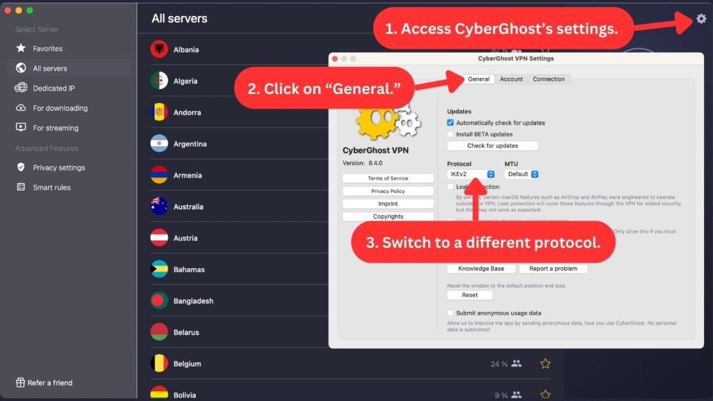 CyberGhost VPN settings on Mac