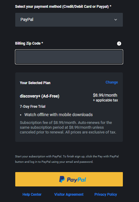 Discovery Plus PayPal checkout screen