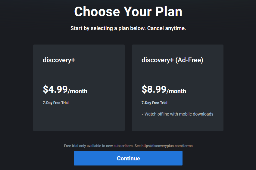 Discovery Plus plan selection