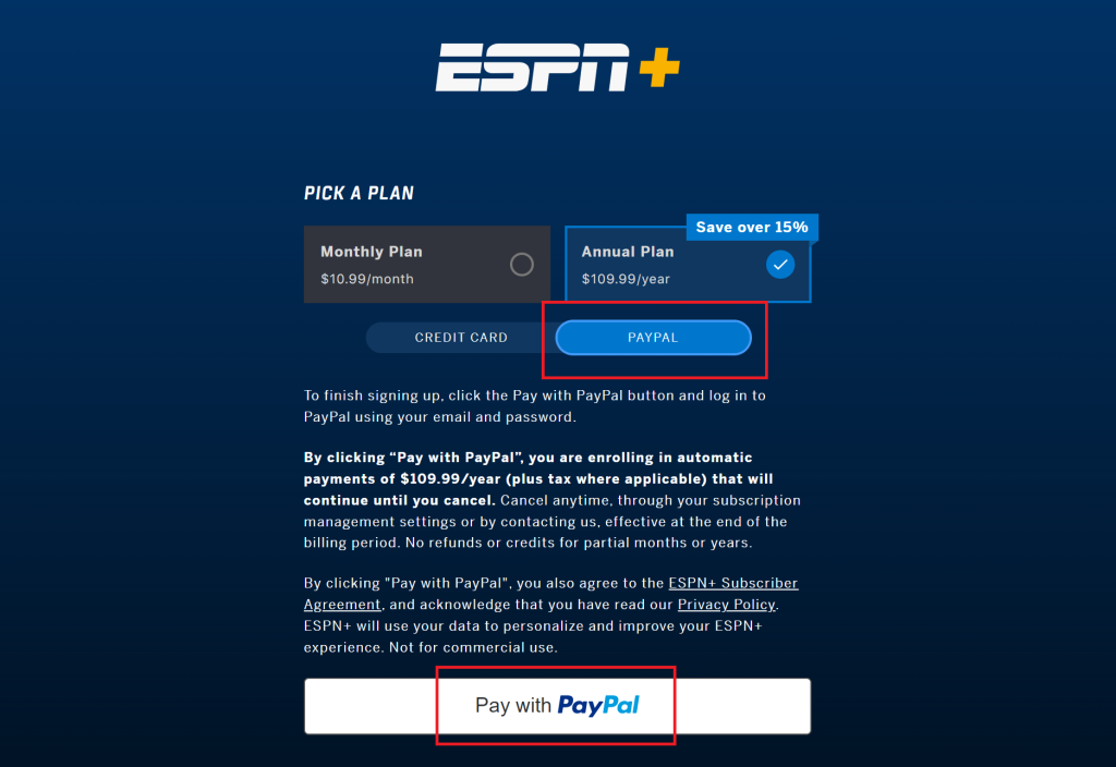 ESPN Plus PayPal checkout