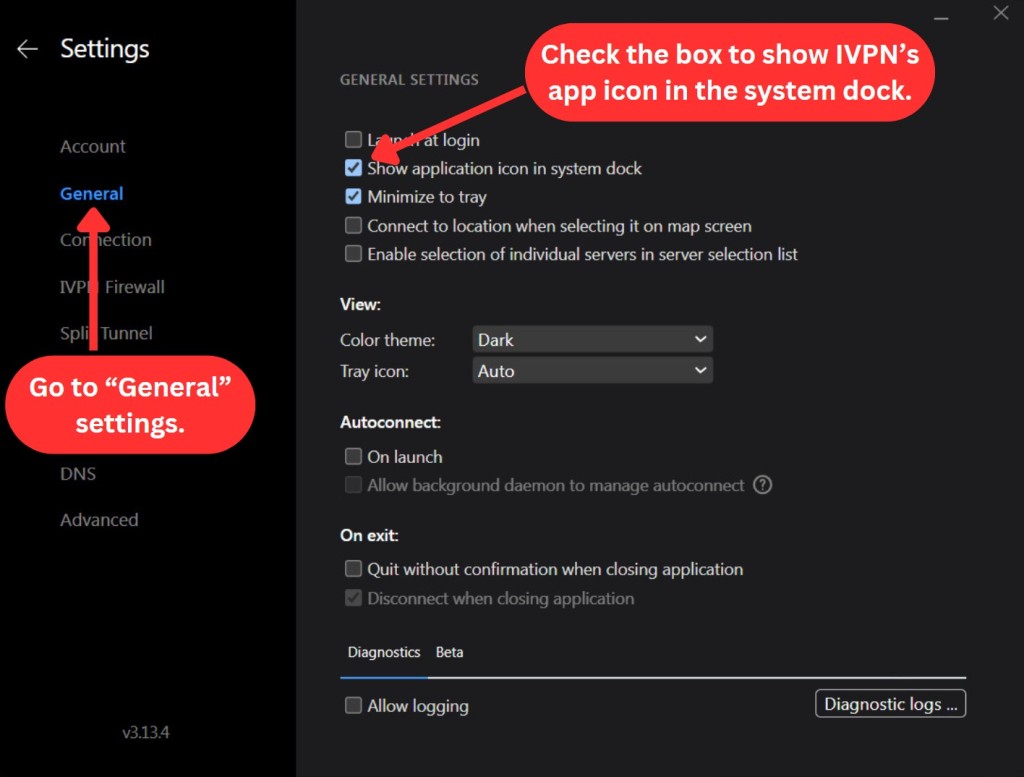 General settings of IVPN on Windows