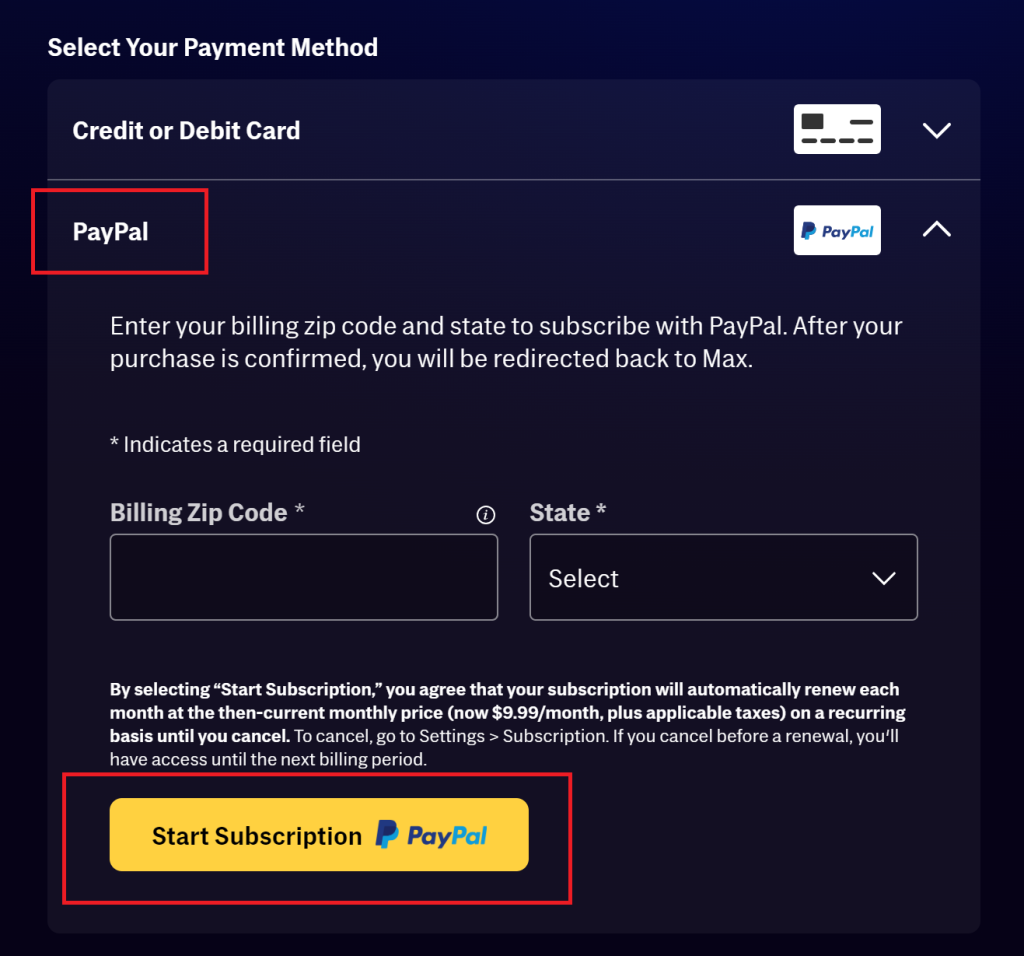 HBO Max PayPal payment