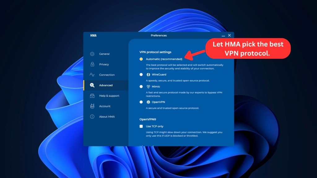HMA VPN Advanced Preferences on Windows