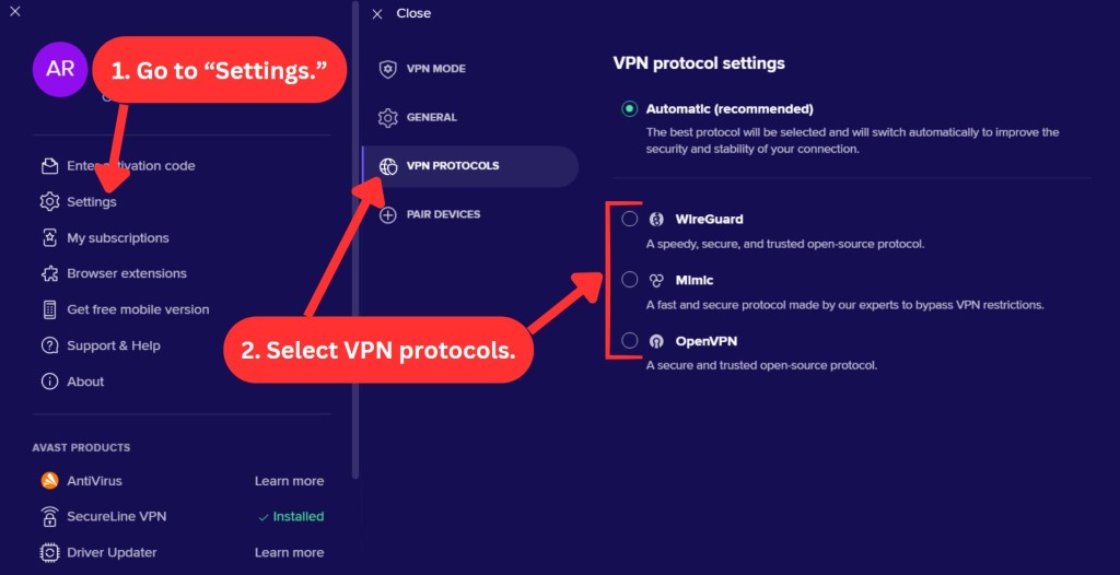 How to select Avast VPN protocols