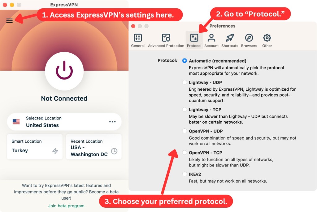 How to select ExpressVPN protocols