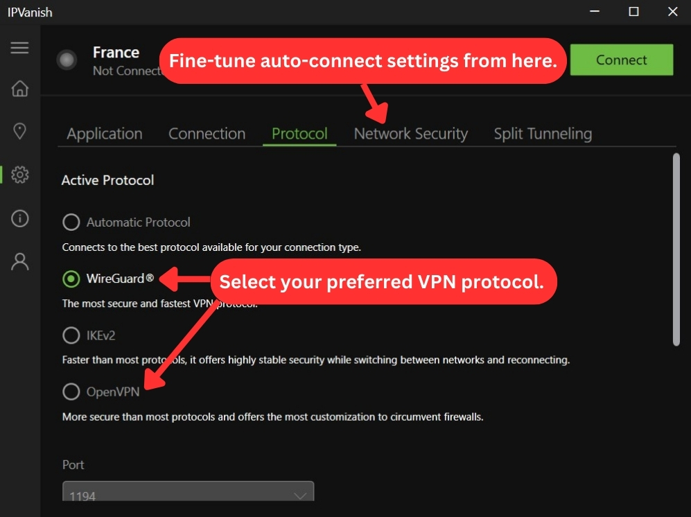 How to select IPVanish protocols and auto-connect settings