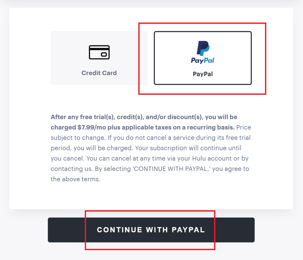 Hulu PayPal payment screen
