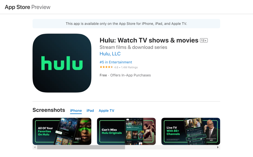 Hulu app page in Apple App Store