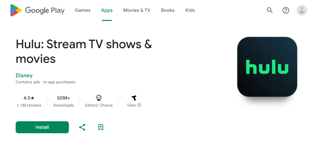 Hulu app page in Google Play Store