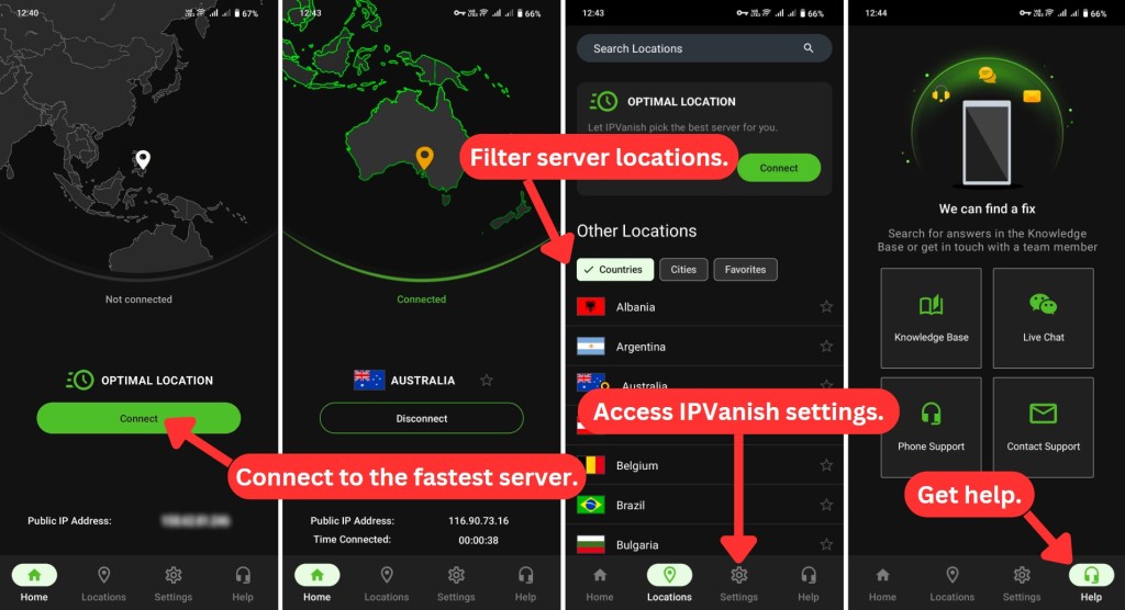 IPVanish VPN interface on Android