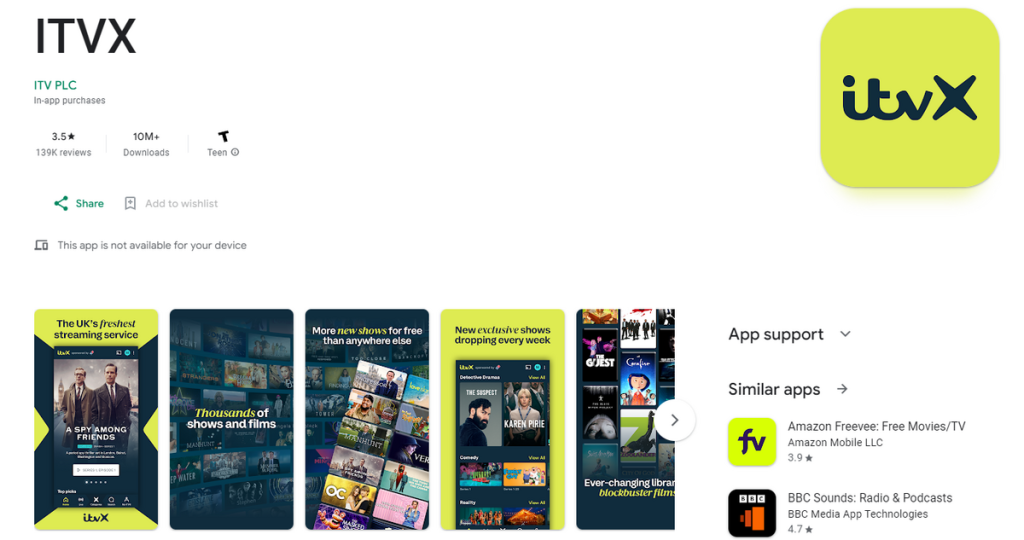 ITVX Google Play download page