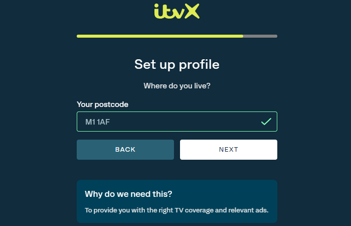 ITVX set up profile screen