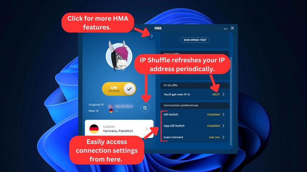 More HMA VPN features and quick access settings