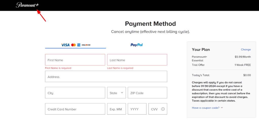 Paramount+ Payment Method Screen